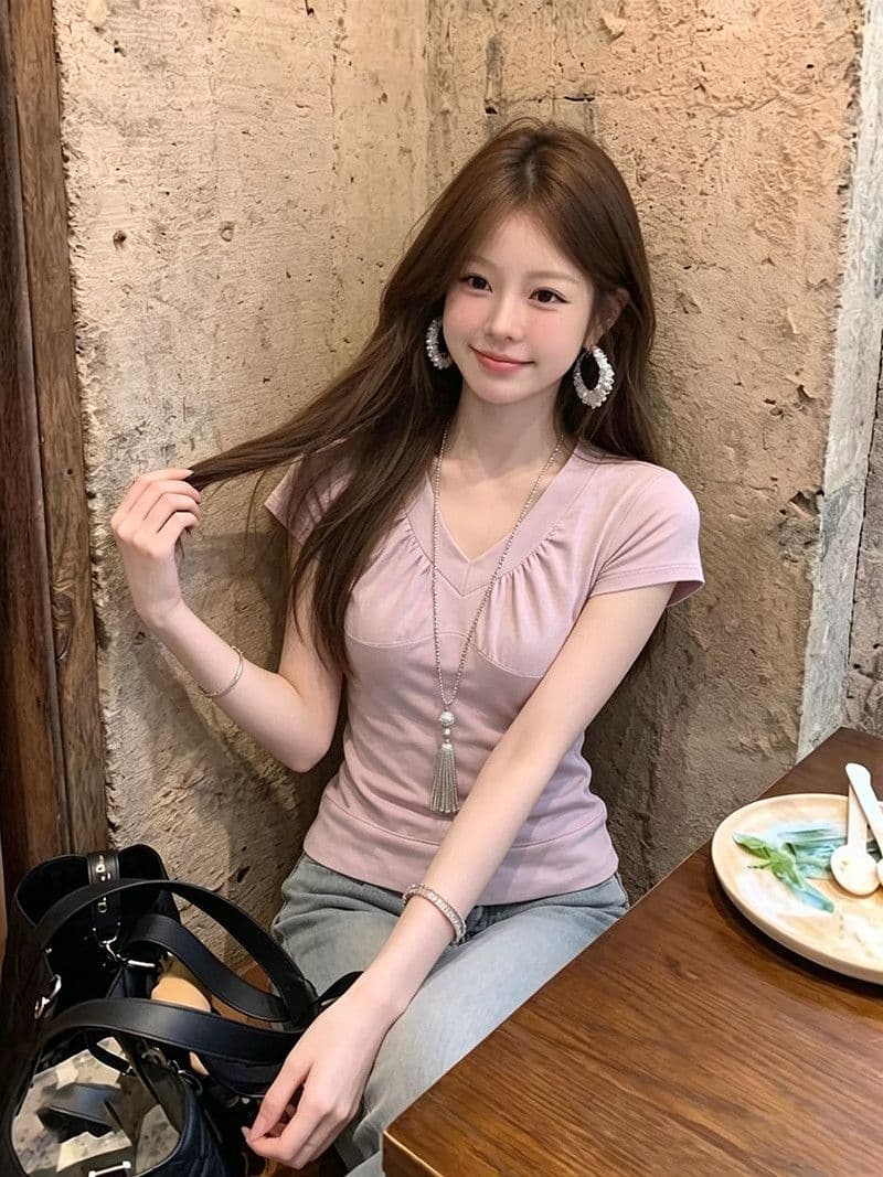 경관 그림 순면 비행기 곡물 한 부서 소녀 핑크색 V넥 주름 반팔 티셔츠 여성 여름 새로운 이미지 3