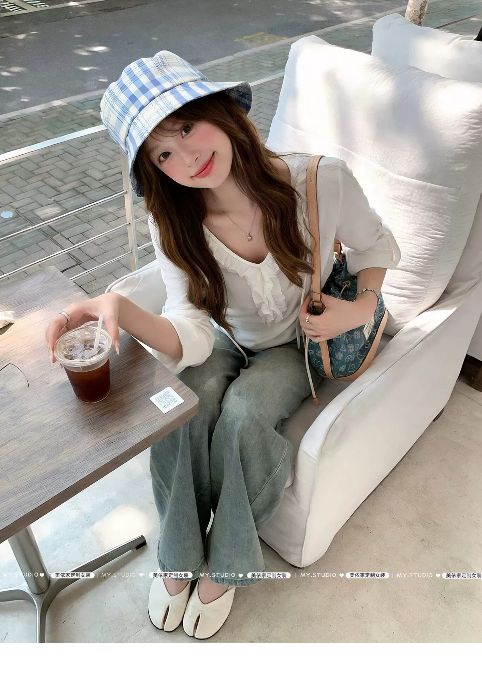 그레이트 봐. 의류 이른 가을 V넥 프릴 화이트 긴팔 티셔츠 한 부서 디자인 센스 슬림해 보이는 작은 셔츠 상세 이미지 3