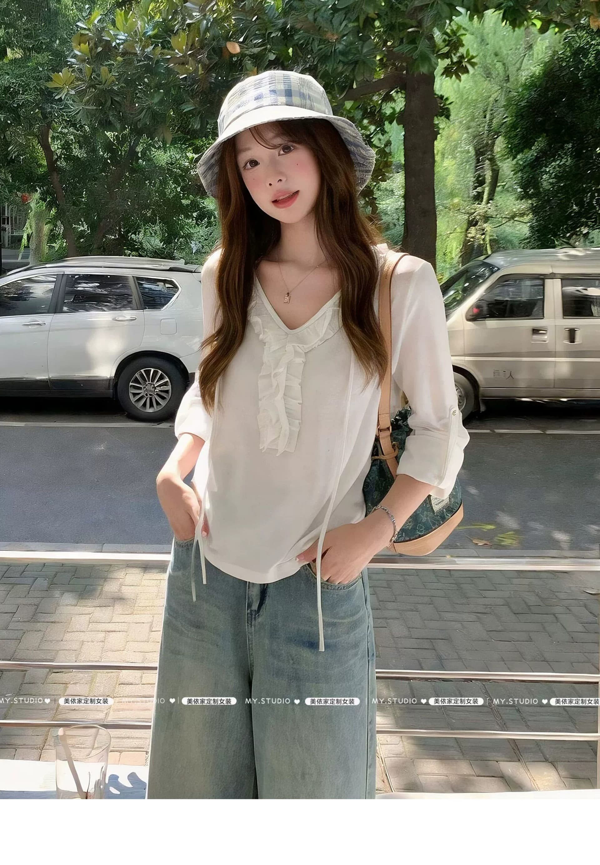 그레이트 봐. 의류 이른 가을 V넥 프릴 화이트 긴팔 티셔츠 한 부서 디자인 센스 슬림해 보이는 작은 셔츠 상세 이미지 6