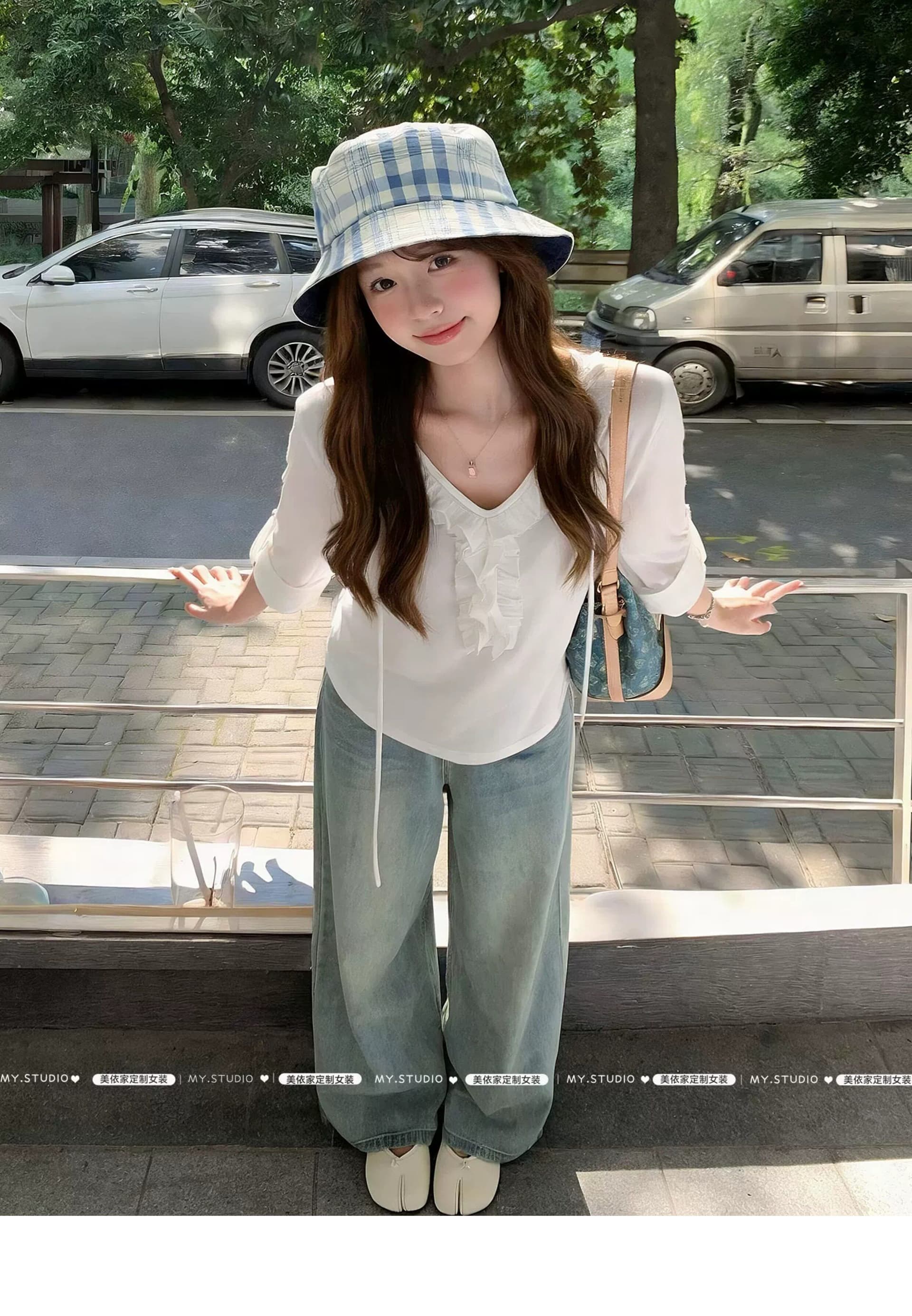 그레이트 봐. 의류 이른 가을 V넥 프릴 화이트 긴팔 티셔츠 한 부서 디자인 센스 슬림해 보이는 작은 셔츠 상세 이미지 8
