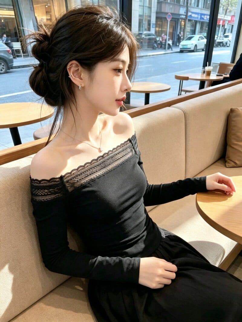 핫걸 바람 레이스 조각 긴팔 티셔츠 여성 2026 새로운 디자인 센스 순수한 욕망 오프숄더 맨위 상세 이미지 5
