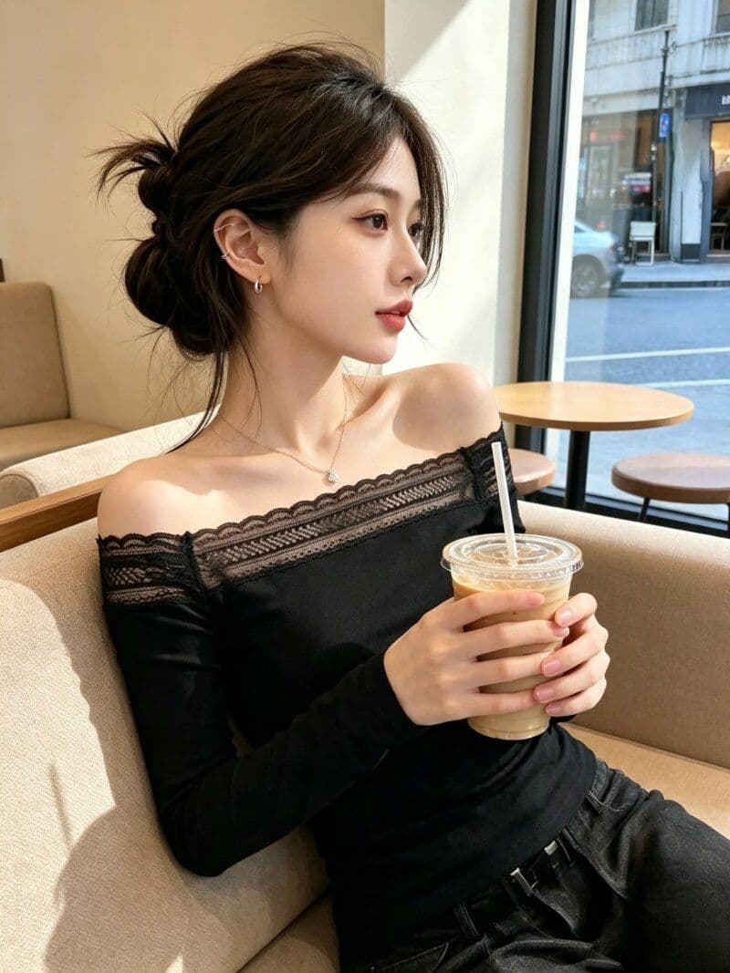 핫걸 바람 레이스 조각 긴팔 티셔츠 여성 2026 새로운 디자인 센스 순수한 욕망 오프숄더 맨위 상세 이미지 6