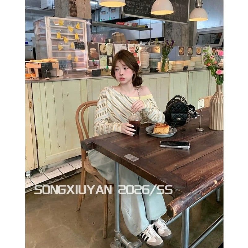 송 보여주기 妍 seniors 여름 소녀 스트라이프 비스듬한 어깨 긴팔 티셔츠 허리 수축 페이크 레이어드 오프숄더 쇼트 스타일 맨위 이미지 5