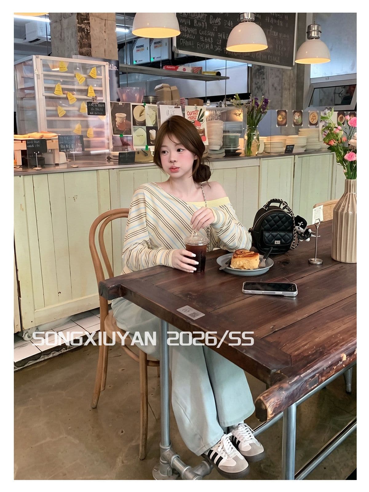 송 보여주기 妍 seniors 여름 소녀 스트라이프 비스듬한 어깨 긴팔 티셔츠 허리 수축 페이크 레이어드 오프숄더 쇼트 스타일 맨위 상세 이미지 5