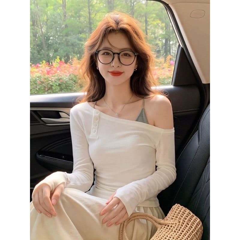 순수한 욕망 비스듬한 어깨 자외선 차단 블라우스 여성 가을 단추 주름 허리 수축 마이크로 ~을 통해 얇은 스타일 맨위 이미지 4