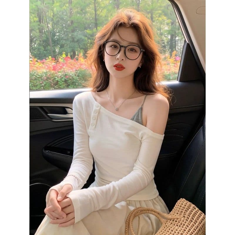 순수한 욕망 비스듬한 어깨 자외선 차단 블라우스 여성 가을 단추 주름 허리 수축 마이크로 ~을 통해 얇은 스타일 맨위 이미지 5