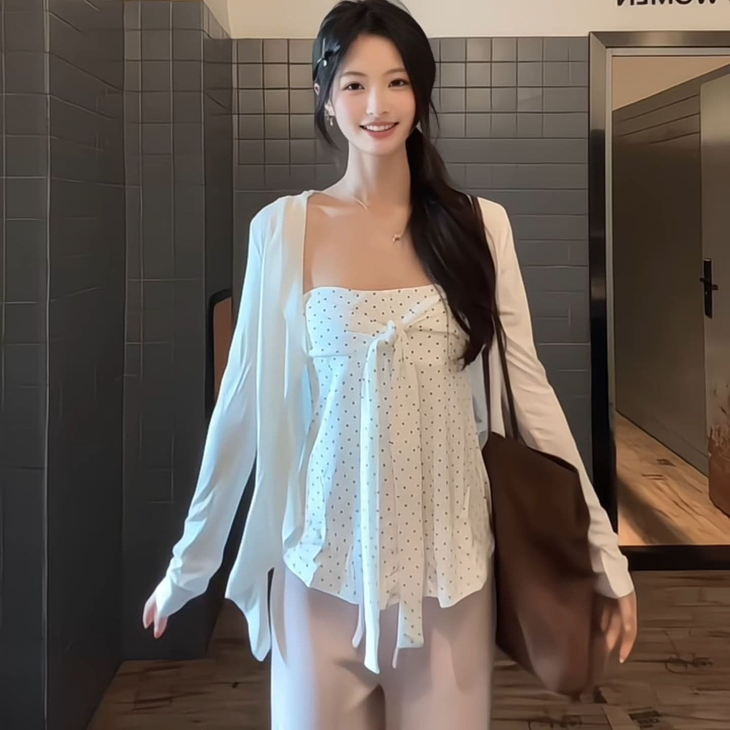 사람들 면 한 스트라이프 나비 매듭 튜브탑 오픈 가디건 작은 세트 여성 가을 잘 생긴 자외선 차단 통기성 재킷 착용 가져 가라. 세트 상세 이미지 7