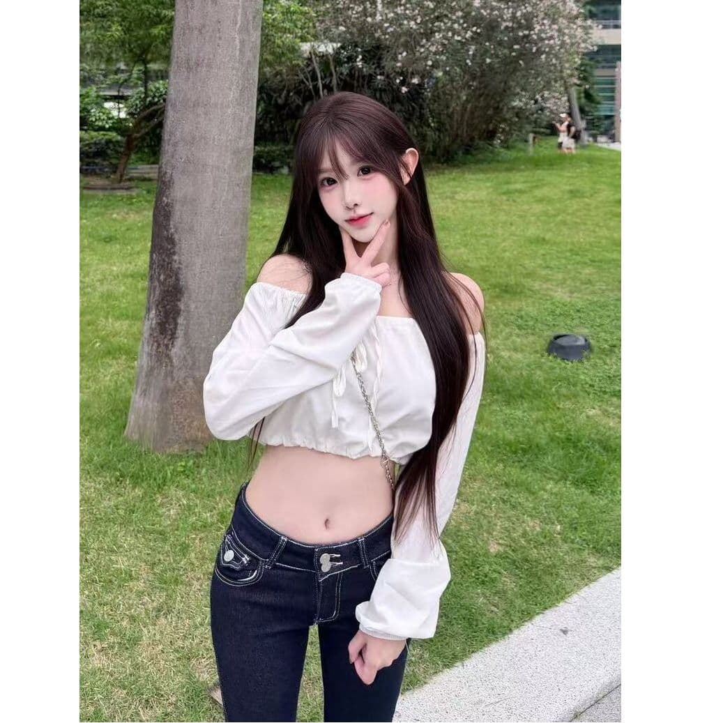 순수한 욕망 바람 섹시함 핫걸 레이스업 펌프 로프 오프숄더 긴팔 티셔츠 여성 디자인 센스 작은 대중 다용도 슬림해 보이는 맨위 이미지 4