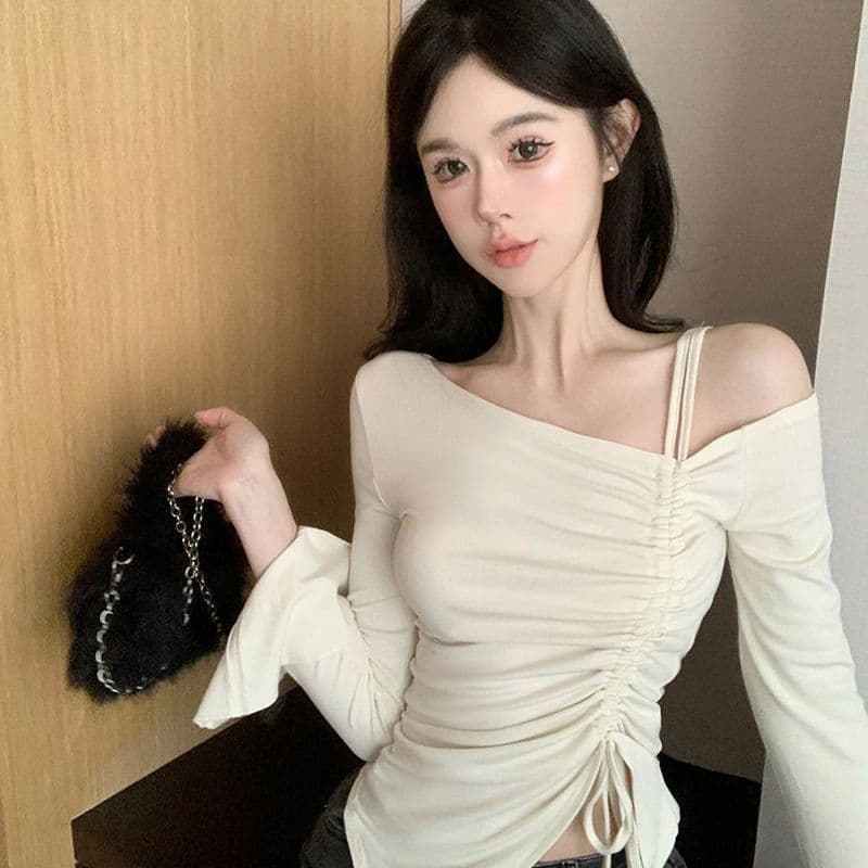 사람들 면 원단 순수한 욕망 바람 품격 패션 오프숄더 펌프 로프 긴팔 티셔츠 여성 몸매 가꾸기 슬림해 보이는 긴팔 맨위 이미지 2