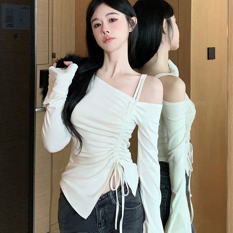 사람들 면 원단 순수한 욕망 바람 품격 패션 오프숄더 펌프 로프 긴팔 티셔츠 여성 몸매 가꾸기 슬림해 보이는 긴팔 맨위 이미지 3