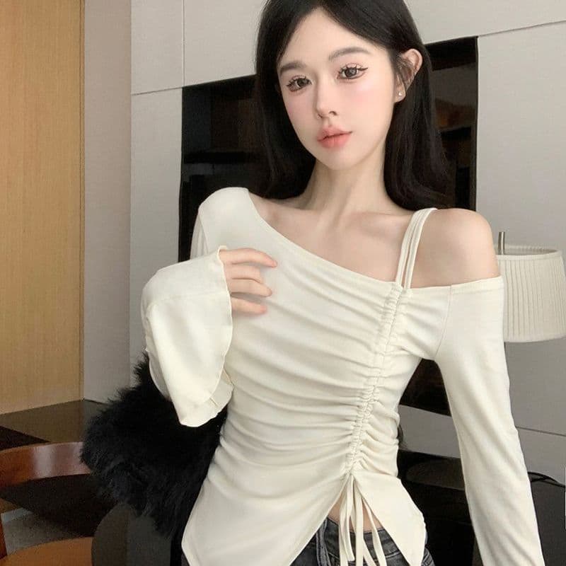 사람들 면 원단 순수한 욕망 바람 품격 패션 오프숄더 펌프 로프 긴팔 티셔츠 여성 몸매 가꾸기 슬림해 보이는 긴팔 맨위 상세 이미지 2