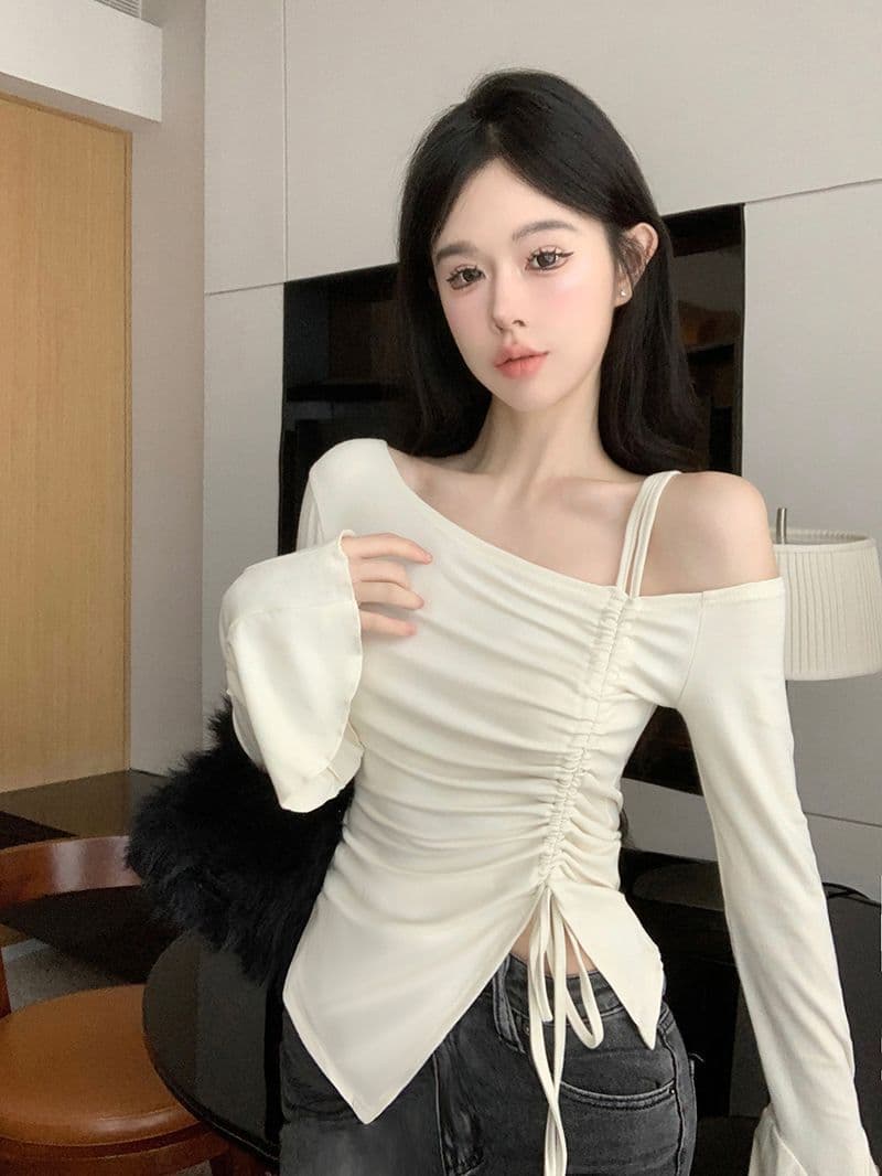 사람들 면 원단 순수한 욕망 바람 품격 패션 오프숄더 펌프 로프 긴팔 티셔츠 여성 몸매 가꾸기 슬림해 보이는 긴팔 맨위 상세 이미지 3