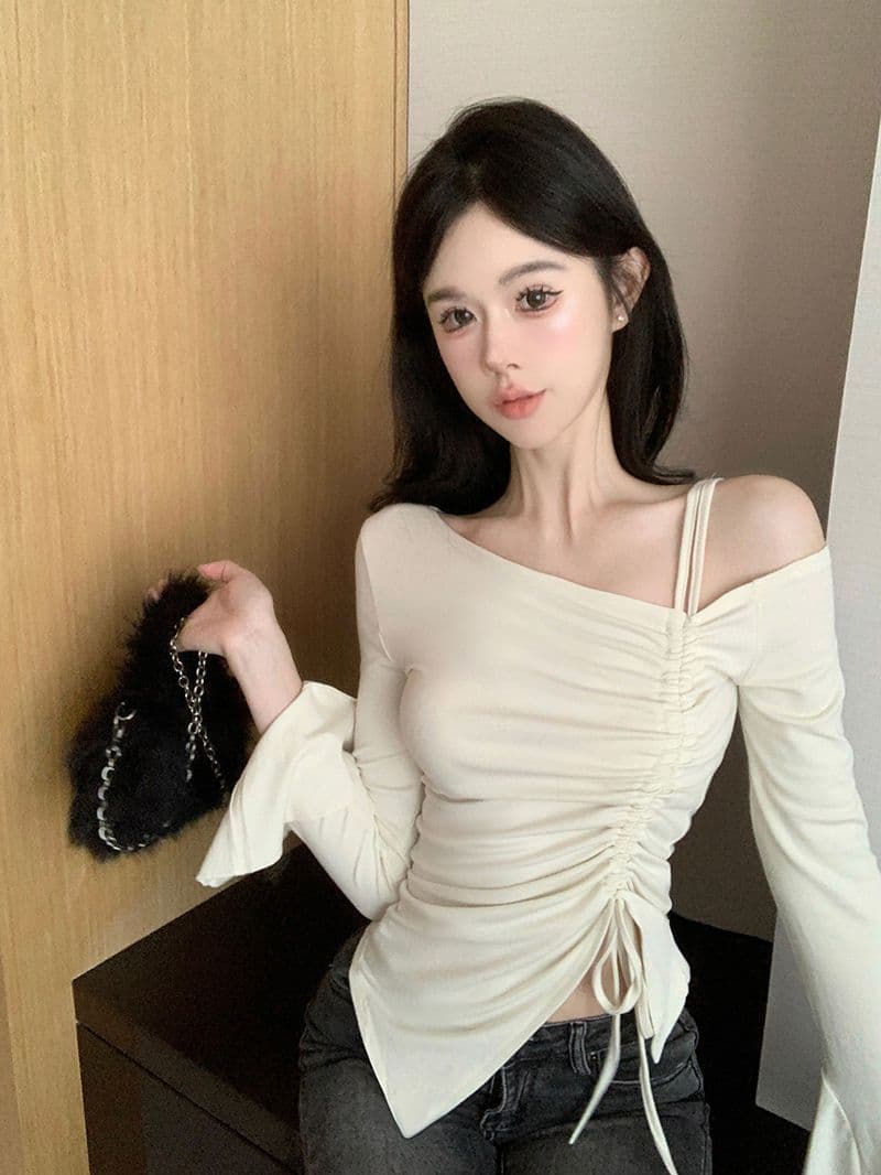 사람들 면 원단 순수한 욕망 바람 품격 패션 오프숄더 펌프 로프 긴팔 티셔츠 여성 몸매 가꾸기 슬림해 보이는 긴팔 맨위 상세 이미지 4
