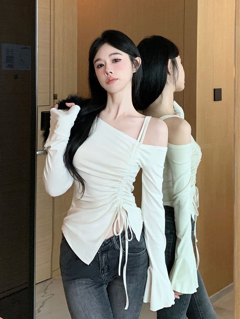 사람들 면 원단 순수한 욕망 바람 품격 패션 오프숄더 펌프 로프 긴팔 티셔츠 여성 몸매 가꾸기 슬림해 보이는 긴팔 맨위 상세 이미지 5