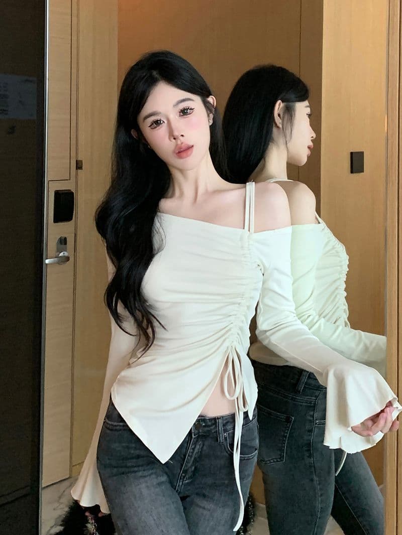 사람들 면 원단 순수한 욕망 바람 품격 패션 오프숄더 펌프 로프 긴팔 티셔츠 여성 몸매 가꾸기 슬림해 보이는 긴팔 맨위 상세 이미지 6