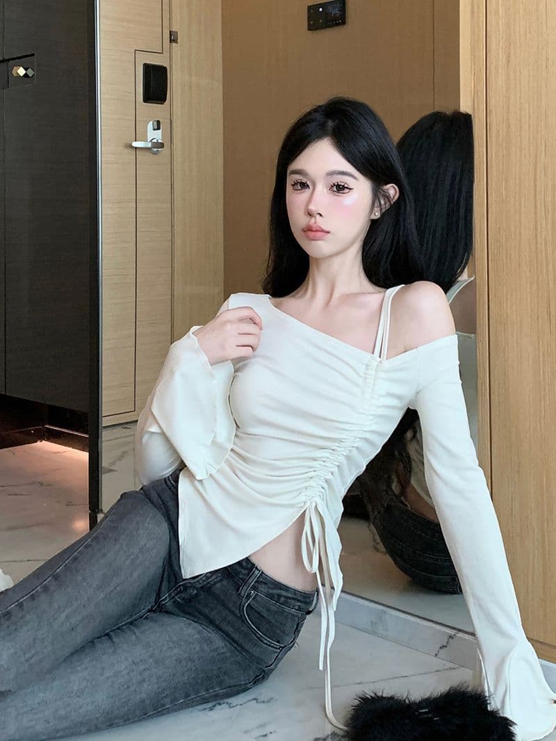 사람들 면 원단 순수한 욕망 바람 품격 패션 오프숄더 펌프 로프 긴팔 티셔츠 여성 몸매 가꾸기 슬림해 보이는 긴팔 맨위 상세 이미지 7