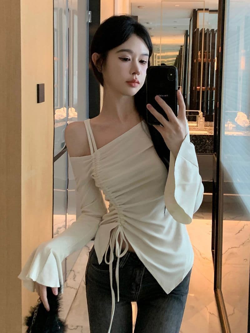 사람들 면 원단 순수한 욕망 바람 품격 패션 오프숄더 펌프 로프 긴팔 티셔츠 여성 몸매 가꾸기 슬림해 보이는 긴팔 맨위 상세 이미지 10