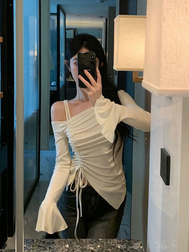 사람들 면 원단 순수한 욕망 바람 품격 패션 오프숄더 펌프 로프 긴팔 티셔츠 여성 몸매 가꾸기 슬림해 보이는 긴팔 맨위 상세 이미지 11