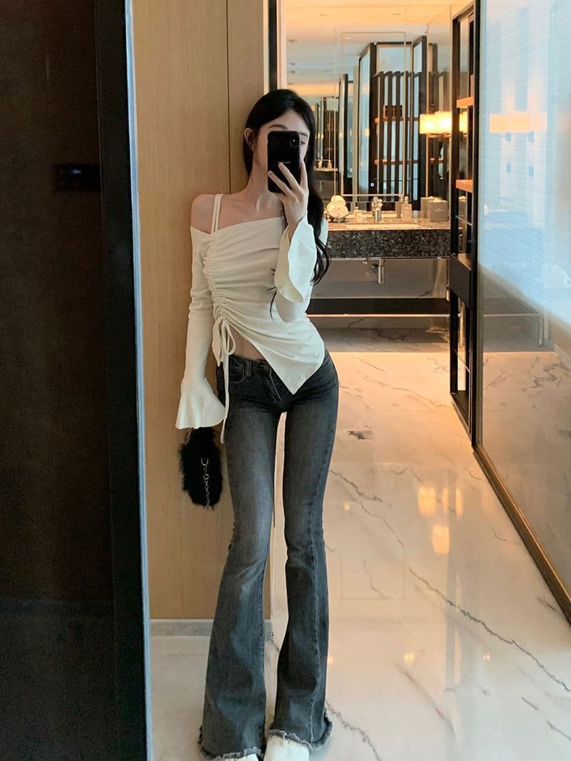 사람들 면 원단 순수한 욕망 바람 품격 패션 오프숄더 펌프 로프 긴팔 티셔츠 여성 몸매 가꾸기 슬림해 보이는 긴팔 맨위 상세 이미지 12