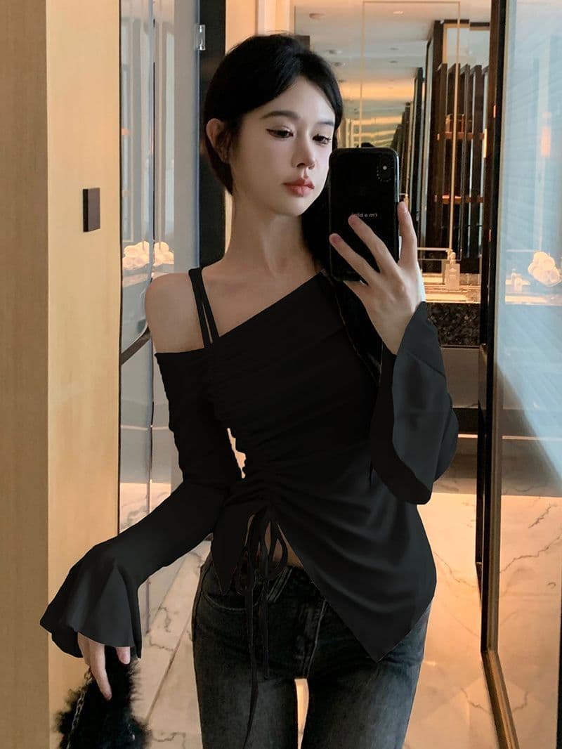 사람들 면 원단 순수한 욕망 바람 품격 패션 오프숄더 펌프 로프 긴팔 티셔츠 여성 몸매 가꾸기 슬림해 보이는 긴팔 맨위 상세 이미지 13