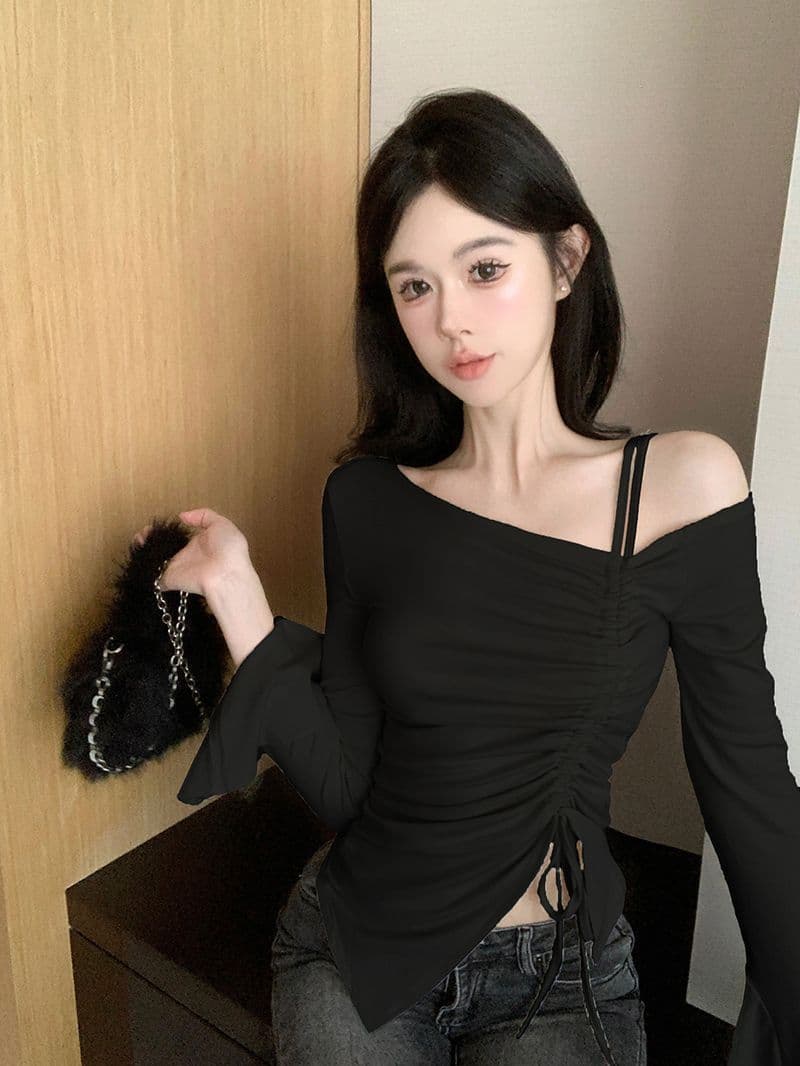 사람들 면 원단 순수한 욕망 바람 품격 패션 오프숄더 펌프 로프 긴팔 티셔츠 여성 몸매 가꾸기 슬림해 보이는 긴팔 맨위 상세 이미지 14