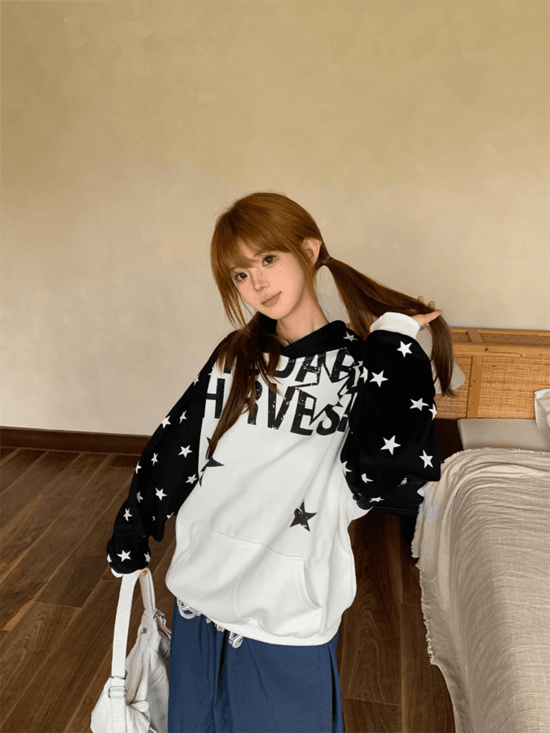얇은 스타일 원본 크기 삽입 어깨 소매 프린트 순수한 Mianhua 면 복합 후드 티 스웨터 여성 상세 이미지 5