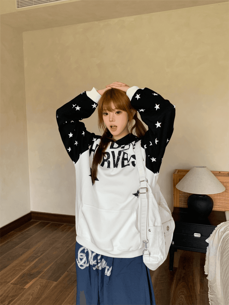 얇은 스타일 원본 크기 삽입 어깨 소매 프린트 순수한 Mianhua 면 복합 후드 티 스웨터 여성 상세 이미지 7