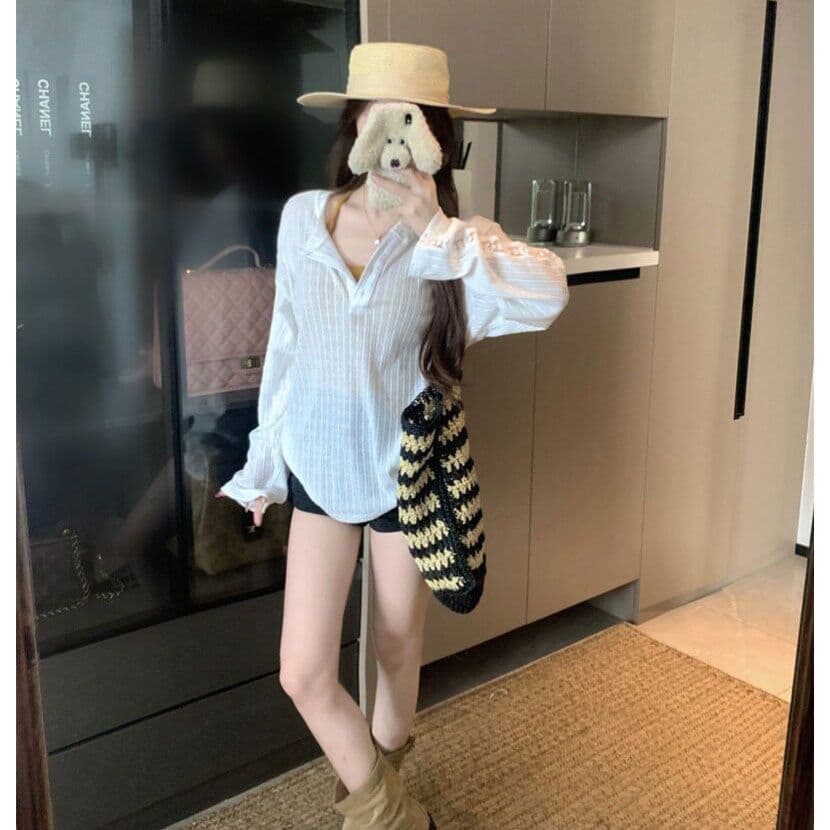 원본 원단 여름과 가을 얇은 스타일 반 개방 칼라 긴팔 자외선 차단 티셔츠 여성 디자인 센스 루즈핏 캐주얼 다용도 맨위 이미지 2
