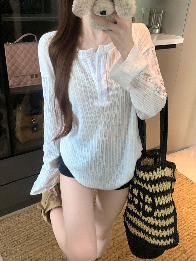 원본 원단 여름과 가을 얇은 스타일 반 개방 칼라 긴팔 자외선 차단 티셔츠 여성 디자인 센스 루즈핏 캐주얼 다용도 맨위 이미지 4