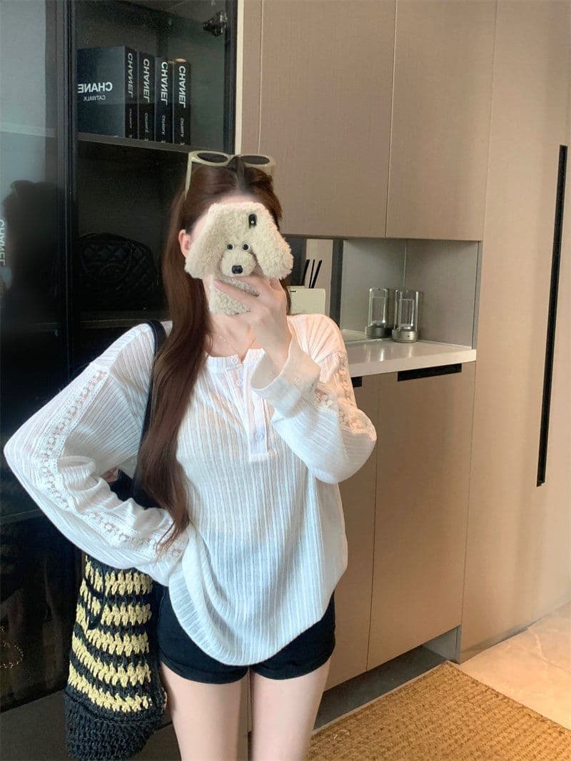 원본 원단 여름과 가을 얇은 스타일 반 개방 칼라 긴팔 자외선 차단 티셔츠 여성 디자인 센스 루즈핏 캐주얼 다용도 맨위 이미지 3