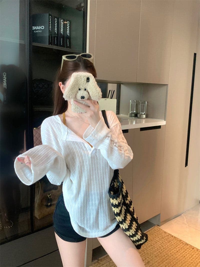 원본 원단 여름과 가을 얇은 스타일 반 개방 칼라 긴팔 자외선 차단 티셔츠 여성 디자인 센스 루즈핏 캐주얼 다용도 맨위 상세 이미지 2