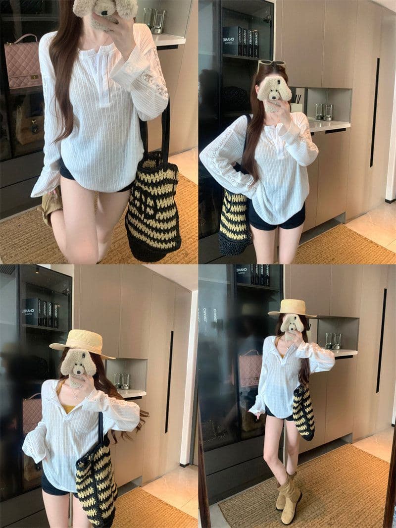 원본 원단 여름과 가을 얇은 스타일 반 개방 칼라 긴팔 자외선 차단 티셔츠 여성 디자인 센스 루즈핏 캐주얼 다용도 맨위 상세 이미지 7