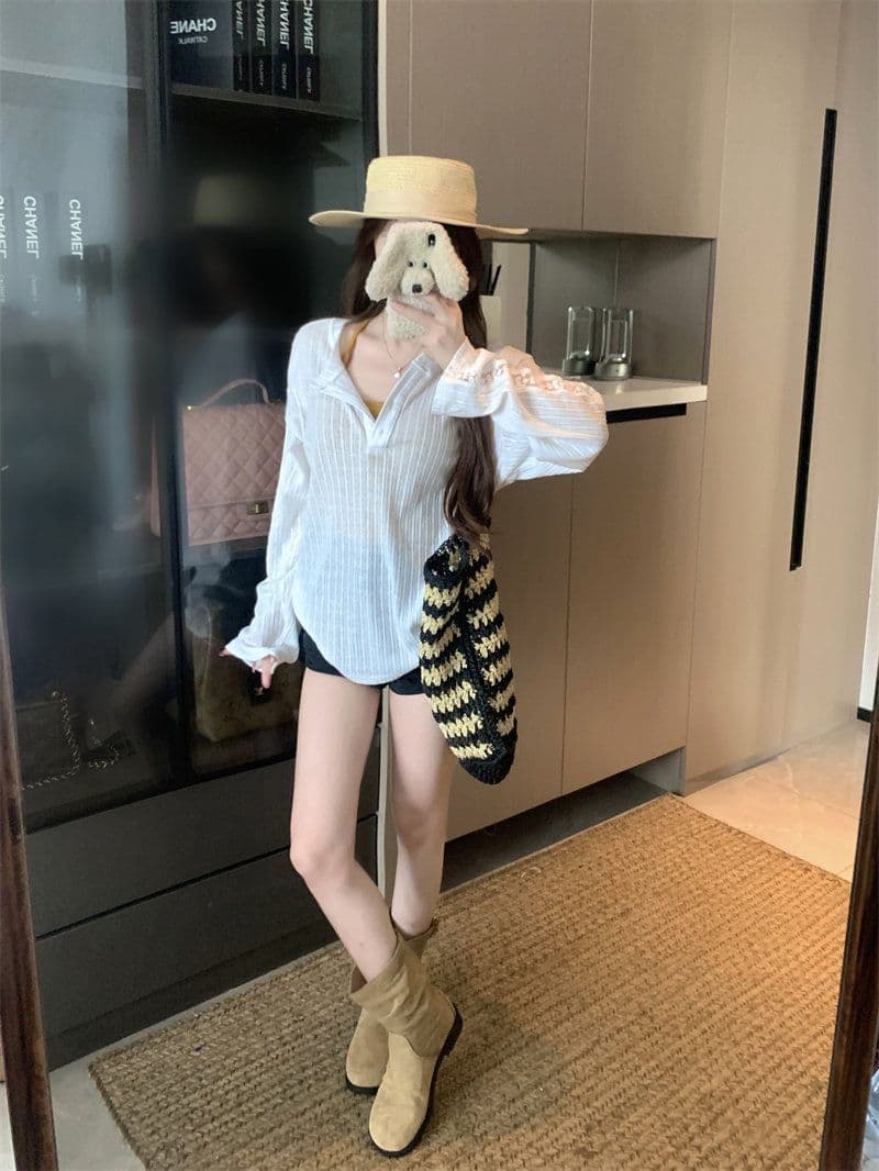 원본 원단 여름과 가을 얇은 스타일 반 개방 칼라 긴팔 자외선 차단 티셔츠 여성 디자인 센스 루즈핏 캐주얼 다용도 맨위 상세 이미지 8