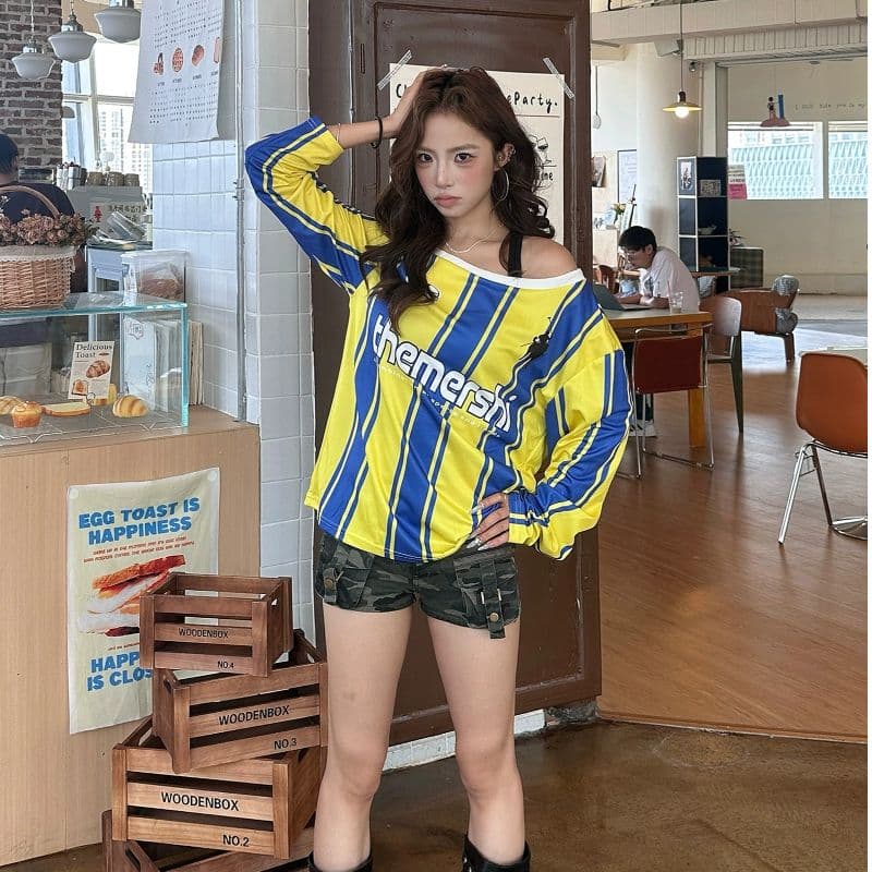 아메리칸 거리 배색 스트라이프 알파벳 프린트 비스듬한 어깨 긴팔 티셔츠 핫걸 거리 루즈핏 캐주얼 디자인 센스 맨위 이미지 2