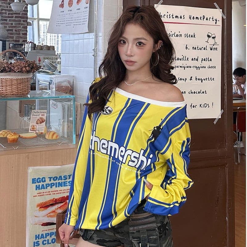 아메리칸 거리 배색 스트라이프 알파벳 프린트 비스듬한 어깨 긴팔 티셔츠 핫걸 거리 루즈핏 캐주얼 디자인 센스 맨위 이미지 3