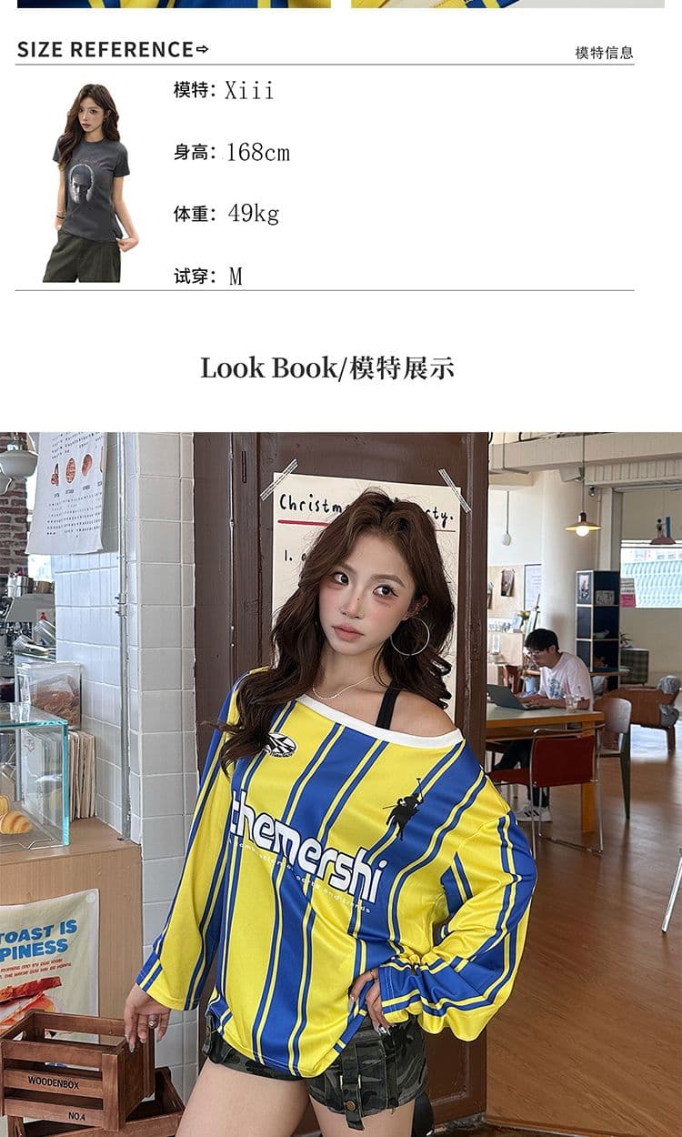 아메리칸 거리 배색 스트라이프 알파벳 프린트 비스듬한 어깨 긴팔 티셔츠 핫걸 거리 루즈핏 캐주얼 디자인 센스 맨위 상세 이미지 5