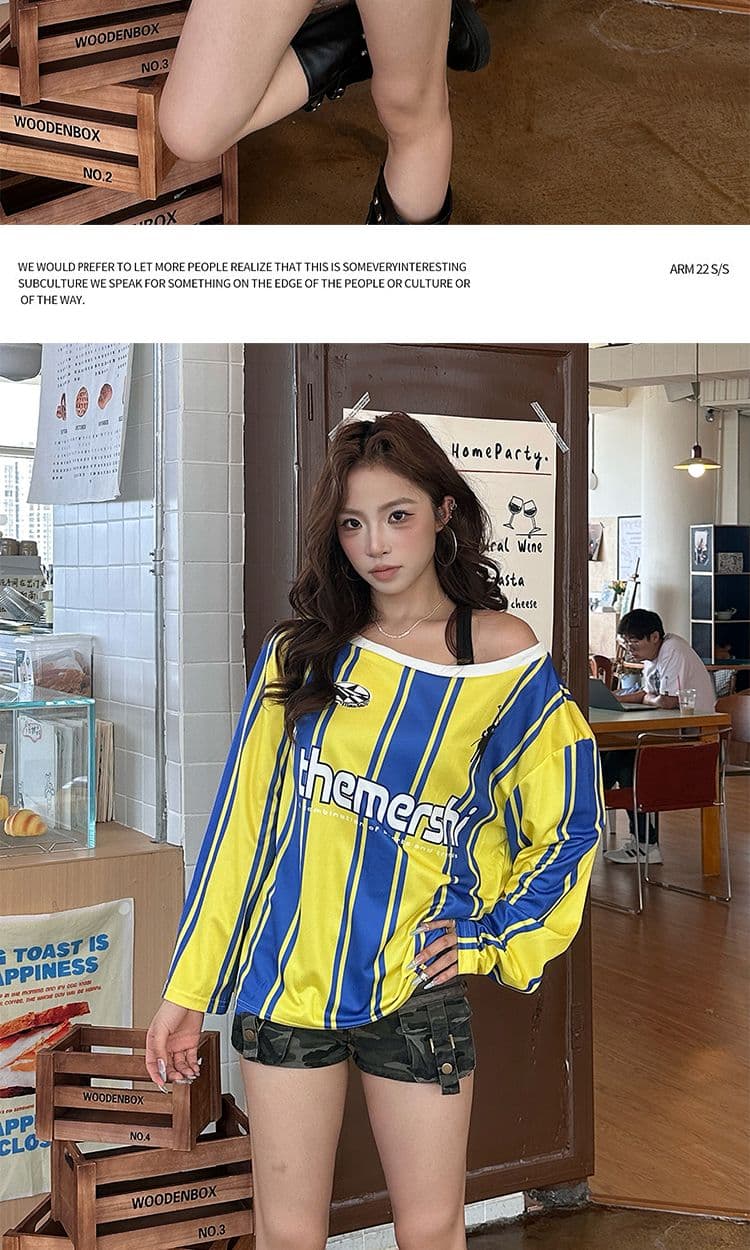 아메리칸 거리 배색 스트라이프 알파벳 프린트 비스듬한 어깨 긴팔 티셔츠 핫걸 거리 루즈핏 캐주얼 디자인 센스 맨위 상세 이미지 7