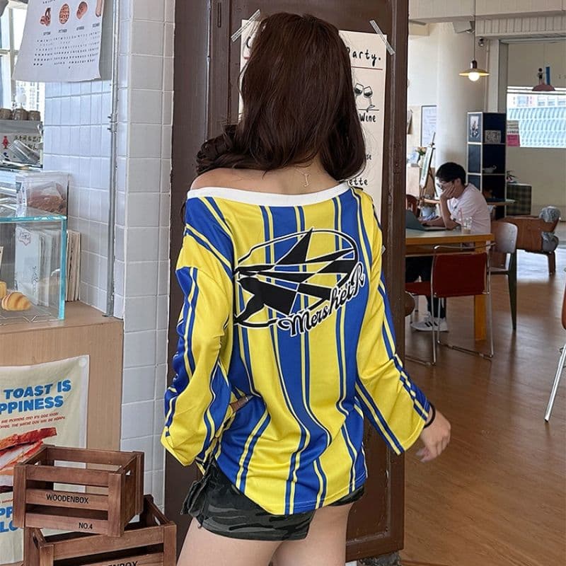 아메리칸 거리 배색 스트라이프 알파벳 프린트 비스듬한 어깨 긴팔 티셔츠 핫걸 거리 루즈핏 캐주얼 디자인 센스 맨위 상세 이미지 8