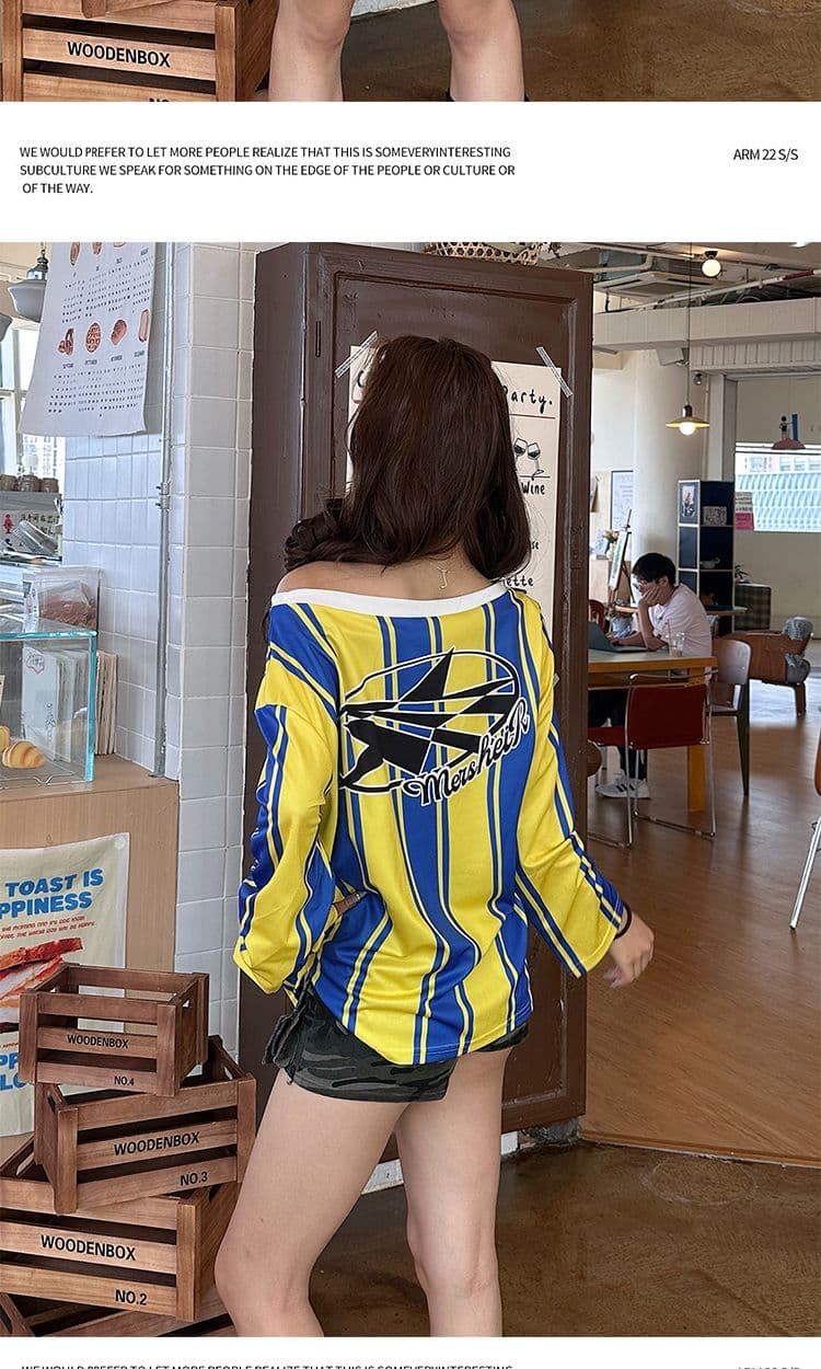 아메리칸 거리 배색 스트라이프 알파벳 프린트 비스듬한 어깨 긴팔 티셔츠 핫걸 거리 루즈핏 캐주얼 디자인 센스 맨위 상세 이미지 9