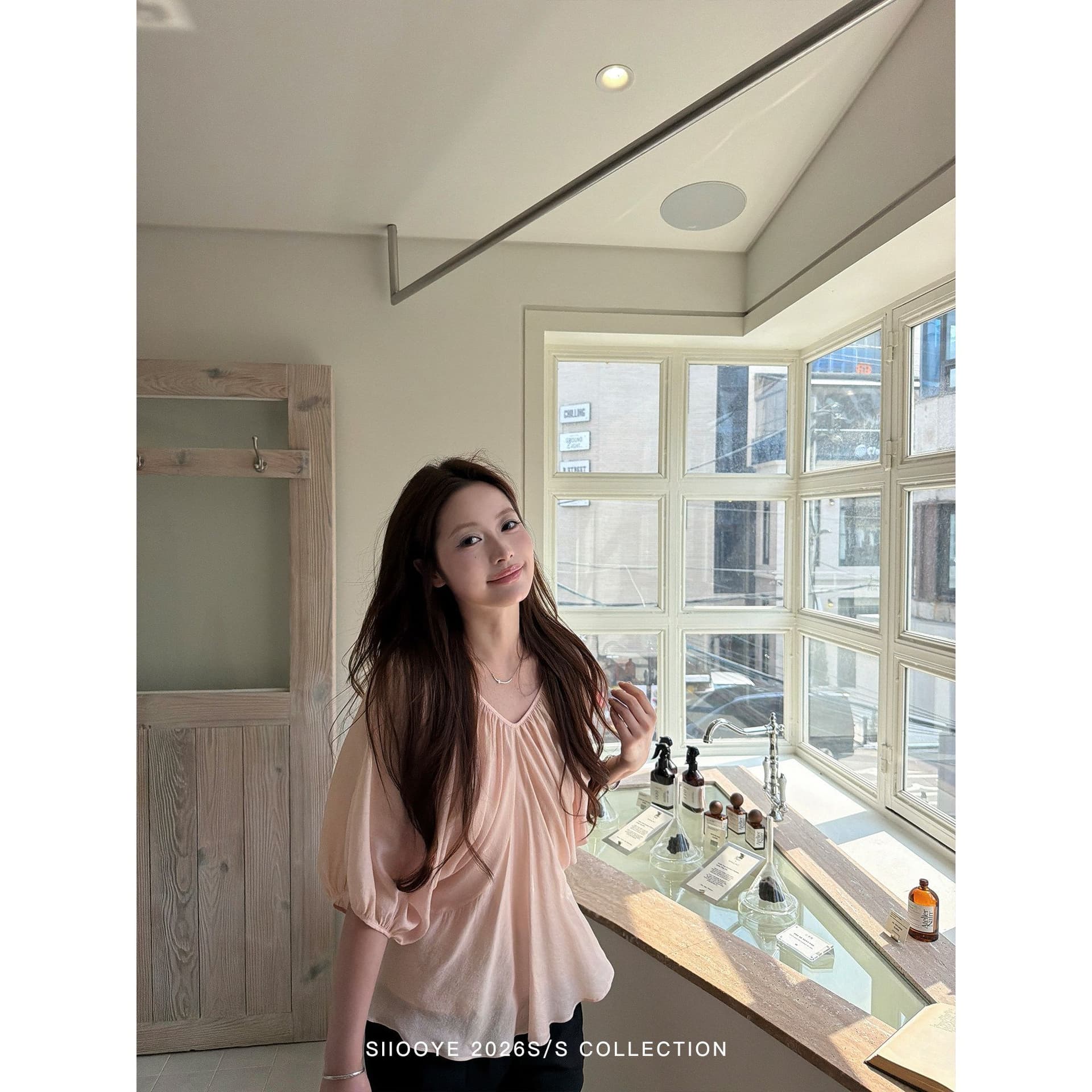 사실 투피스 세트 루즈핏 V넥 여성 셔츠 캐미솔 블라우스 쉬폰 중간 소매 맨위