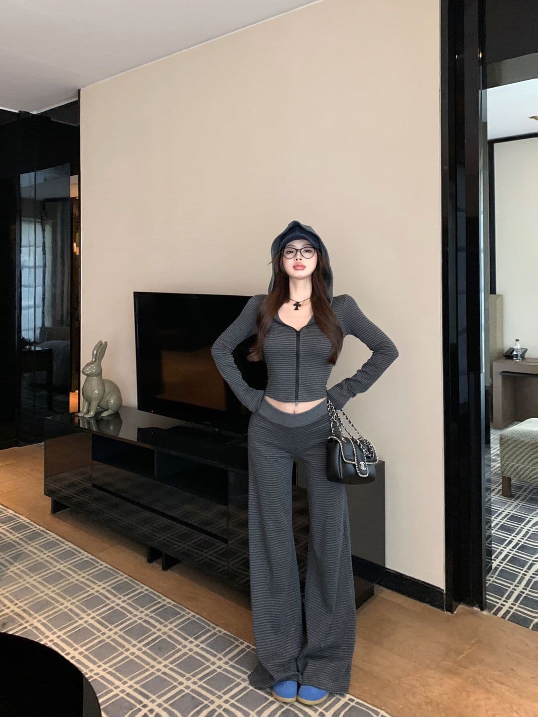 면 컬러 짜임 기사 한 부서 느긋한 바람 가을 캐주얼 세트 여성 후드 스트라이프 후드티 재킷 와이드 레그 팬츠 투피스 세트 상세 이미지 7