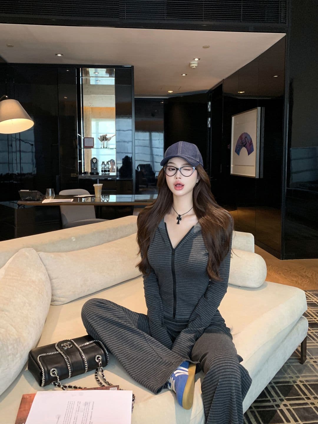 면 컬러 짜임 기사 한 부서 느긋한 바람 가을 캐주얼 세트 여성 후드 스트라이프 후드티 재킷 와이드 레그 팬츠 투피스 세트 상세 이미지 14