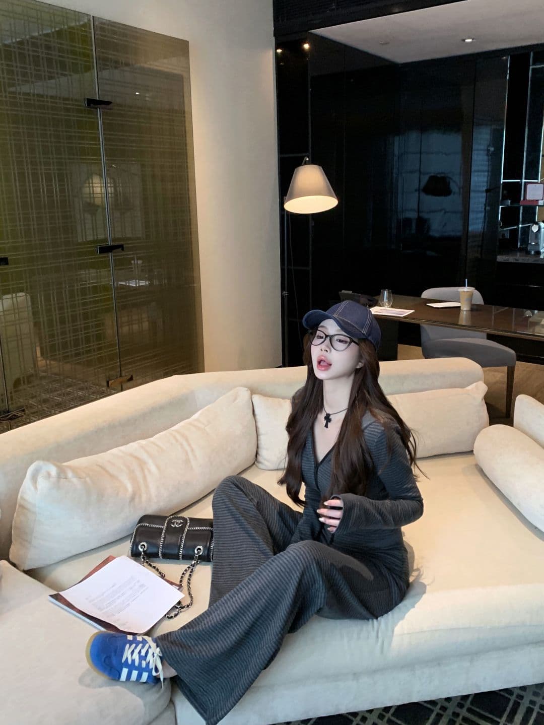 면 컬러 짜임 기사 한 부서 느긋한 바람 가을 캐주얼 세트 여성 후드 스트라이프 후드티 재킷 와이드 레그 팬츠 투피스 세트 상세 이미지 15