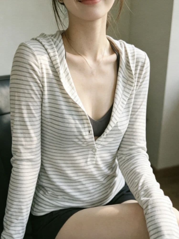 130그램 주간 실크 눈꽃 한 부서 후드 스트라이프 긴팔 티셔츠 여성 스트라이프 몸매 가꾸기 신축성 작은 키 슬림해 보이는 맨위 상세 이미지 2