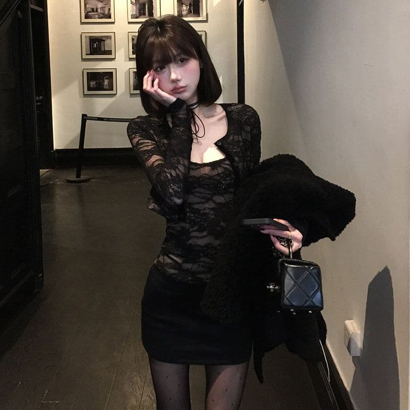 레이스 마이크로 ~을 통해 슬림해 보이는 핫걸 맨위 트렌드 캐미솔 쇼트 스타일 재킷 오픈 가디건 세트