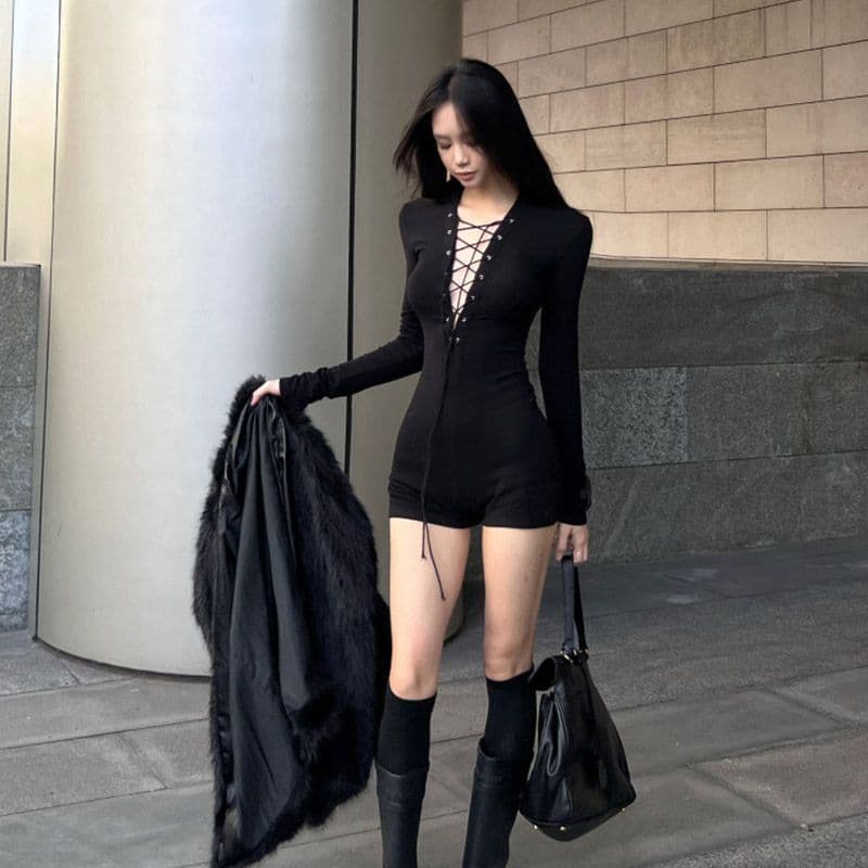 모방 면 아메리칸 핫걸 스트랩 V넥 점프 슈트 바지 여성 봄 가을 몸매 가꾸기 하이웨이스트 올인원 반바지 트렌드 이미지 3