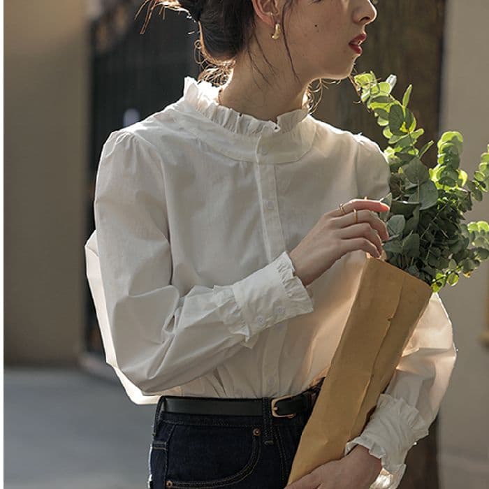 화이트 셔츠 긴팔 가을 새로운 빅 사이즈 루즈핏 외출용 프릴 맨위 Chic 프랑스식 셔츠