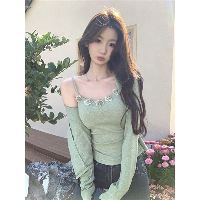 원본 솜씨 부드러운 바람 세트 여성 봄과 가을 작은 청신 오픈 가디건 3 차원 꽃 캐미솔 투피스 세트 상세 이미지 9