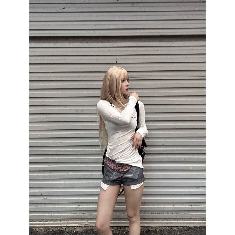 사람들 면 화이트 보트넥 긴팔 티셔츠 이른 가을 핫걸 여성 셔츠 상세 이미지 2