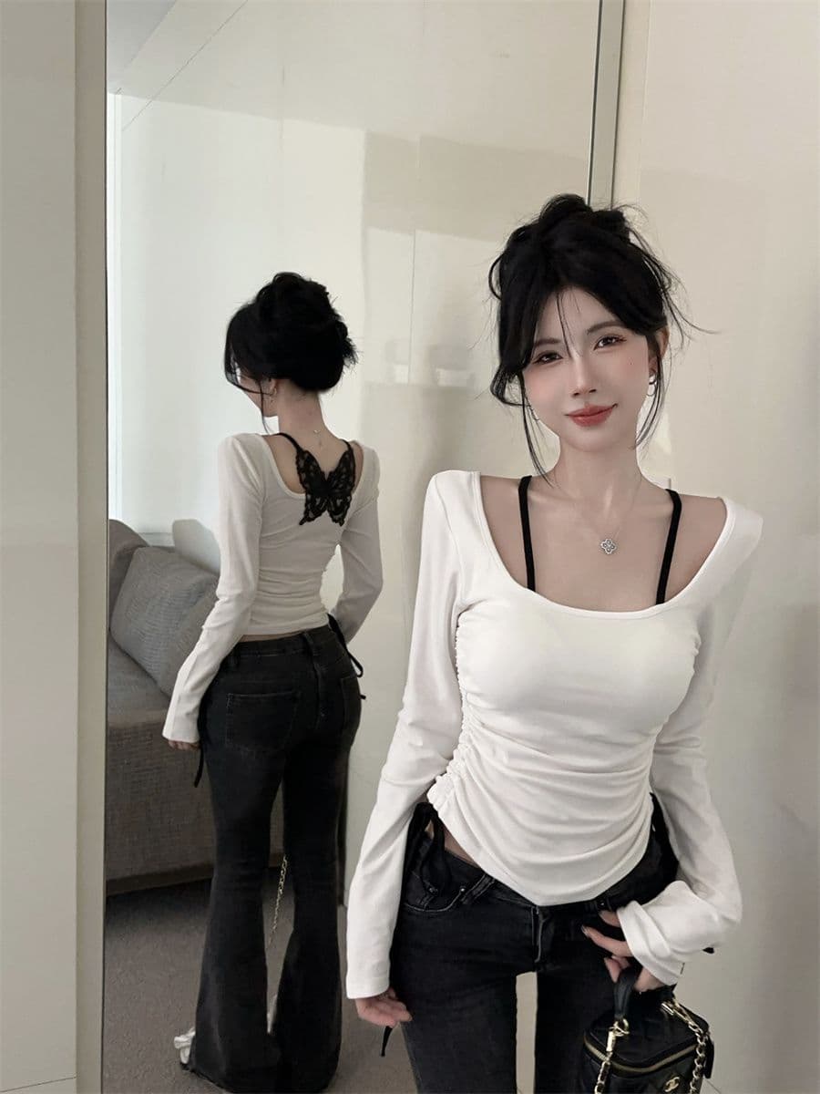 아름다운 섹시함 나비 백리스 배색 긴팔 페이크 레이어드 맨위 가을 새로운 순수한 욕망 슬림해 보이는 핫걸 티셔츠 트렌디 상세 이미지 4